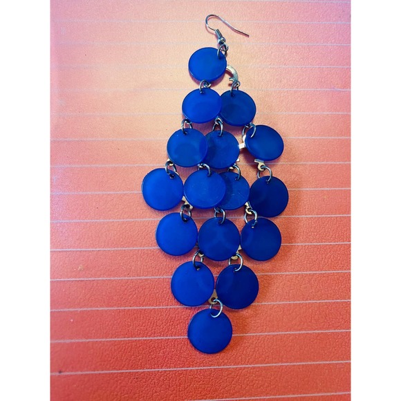Vintage Shell Chandelier Statement Earrings Royal Blue 5 Inch Dangle Drop - Picture 7 of 7